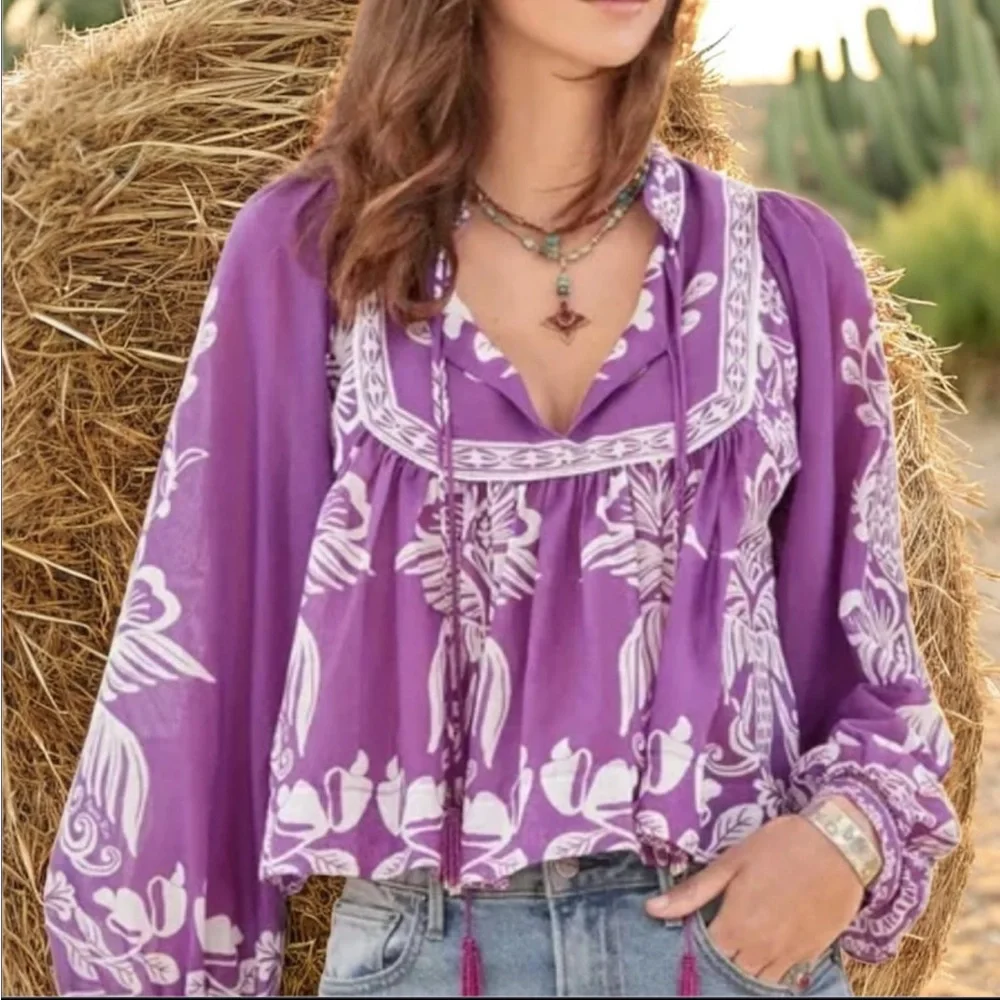 FARM Rio Purple white sweet garden top Tie Front Blouse size medium